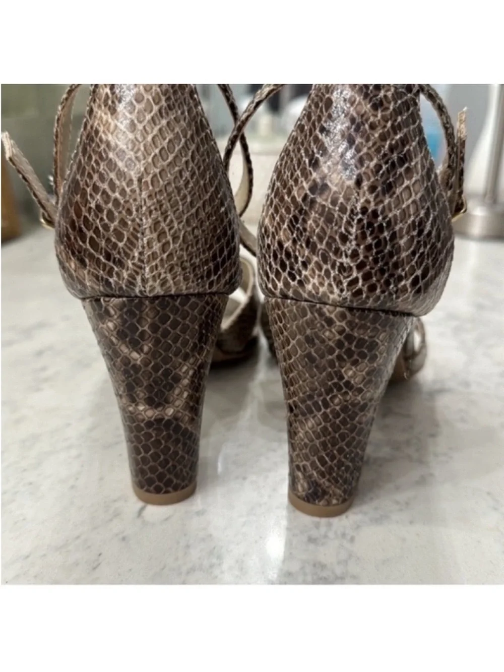 Rialto Snake Print Faux Leather Heels/Sandals Sz 6.5 Brown Beige Ankle Strap